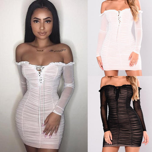 Sexy Chiffon Pleated Nightclub Dresses Women Solid Off Shoulder Long