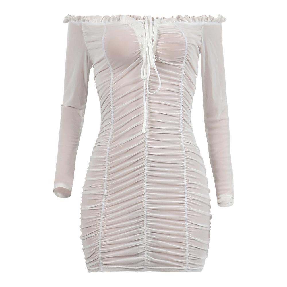 Sexy Chiffon Pleated Nightclub Dresses Women Solid Off Shoulder Long