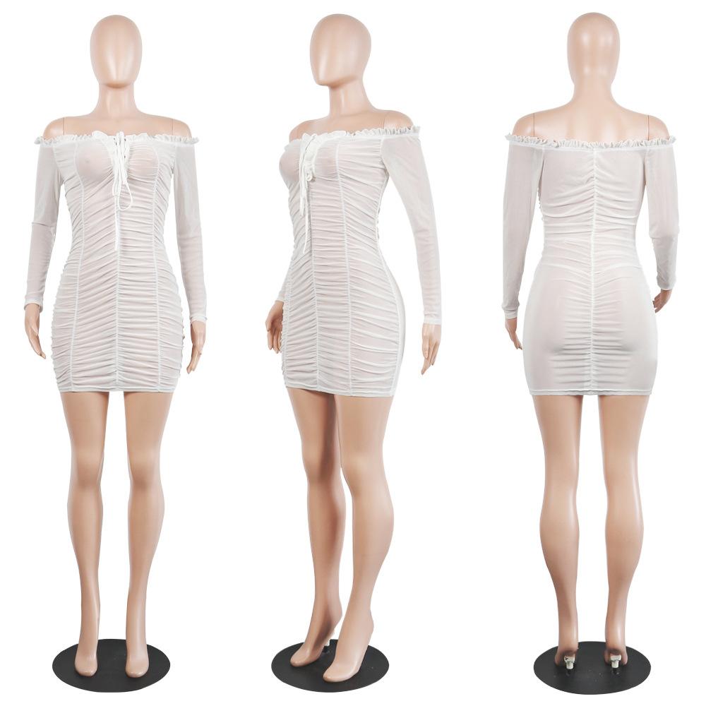 Sexy Chiffon Pleated Nightclub Dresses Women Solid Off Shoulder Long