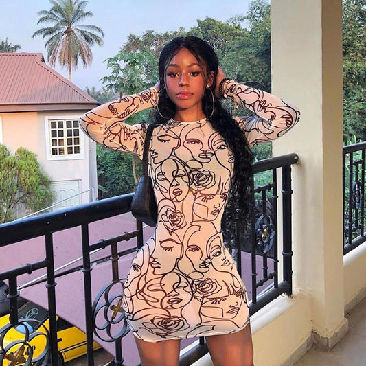 Mesh See Through Printed Mini Dresses Women Long Sleeve One Piece Sexy